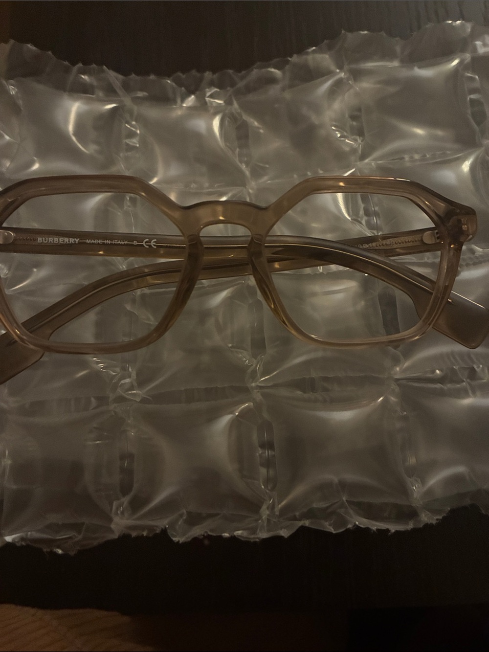 Burberry translucent tan hexagonal acetate eyeglasses